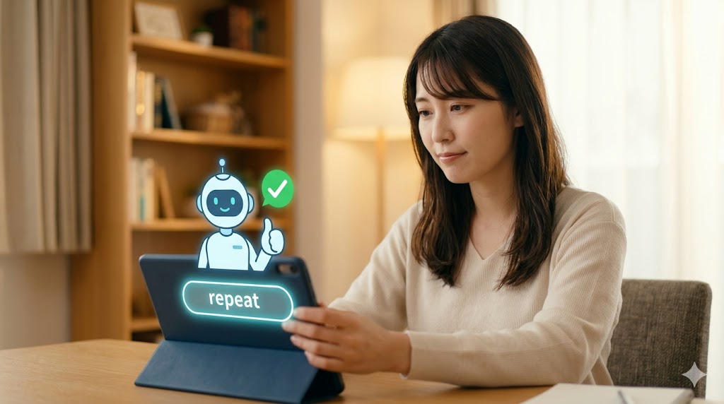 初心者の日本人女性が、自宅でタブレットを使い、自分のペースでAI英会話の練習をしている。画面にはリピートボタンと親しみやすいAIキャラクターが表示されている。