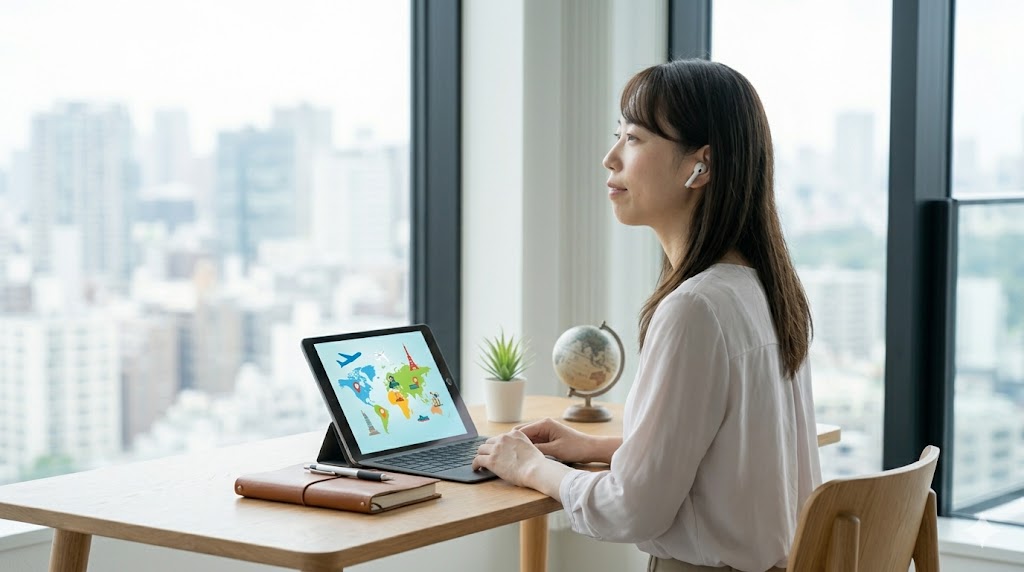 自然光が差し込む明るい部屋で、デスクの上に世界地図、ペン、タブレットが置かれ、これから海外旅行に行こうとするワクワクとした雰囲気。
