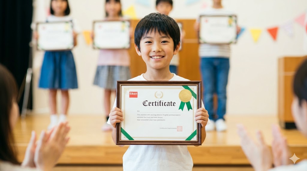 英検合格証明書を手に誇らしげに笑顔を見せる日本人小学生。タイピングで培った英語力が試験合格に結びついた成果を象徴。