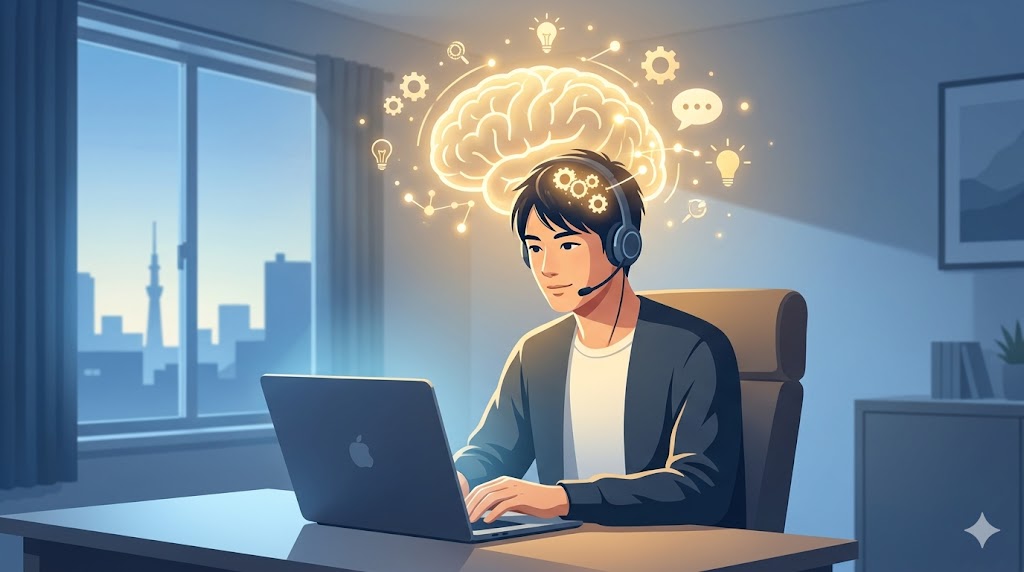 夜明けの光の中でオンライン英会話をする日本人男性と、活性化して金色に輝く脳の概念図。記憶力や集中力が高まる「脳のゴールデンタイム」を表現。