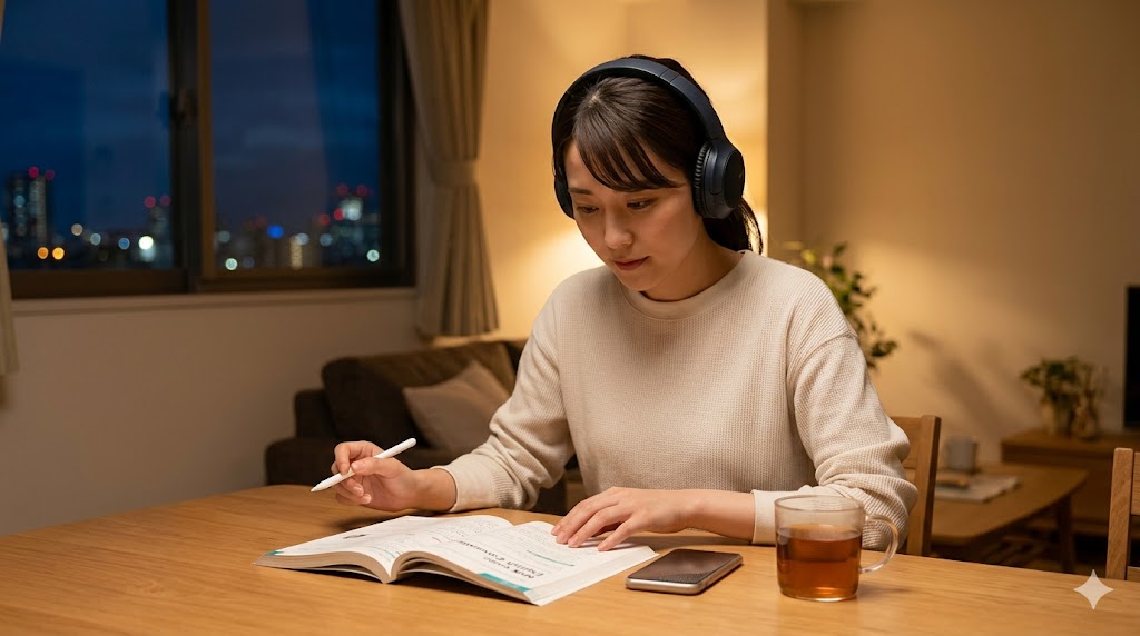 自宅の夜、集中してワイヤレスヘッドホンでNHKラジオ英会話を聴き、テキストとスマートフォンを使いながら学習する日本人女性。