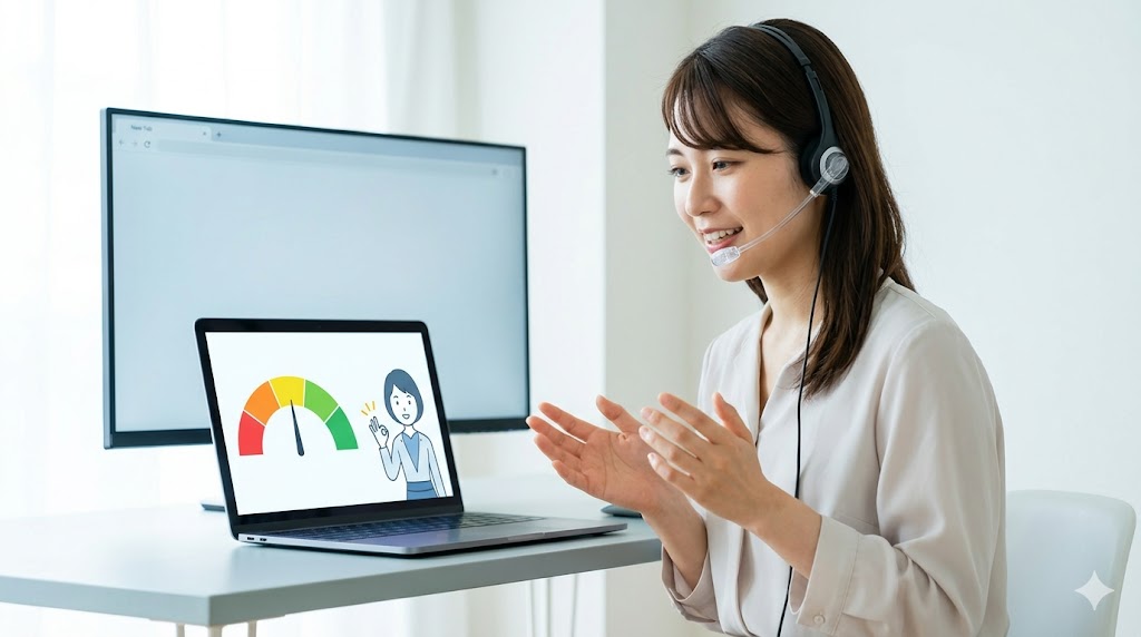 自宅のデスクで、ヘッドセットを使い、ノートパソコンでAI発音トレーニングをする日本人女性。画面には発音の波形と点数が視覚化されて表示されている。