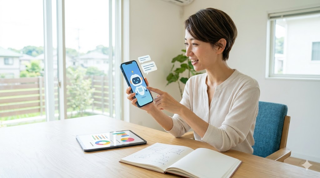 日本人女性がスマホを使い、魅力的なAIキャラクターと楽しげに英会話の練習をしている様子。AI学習の身近さと楽しさを伝える画像。