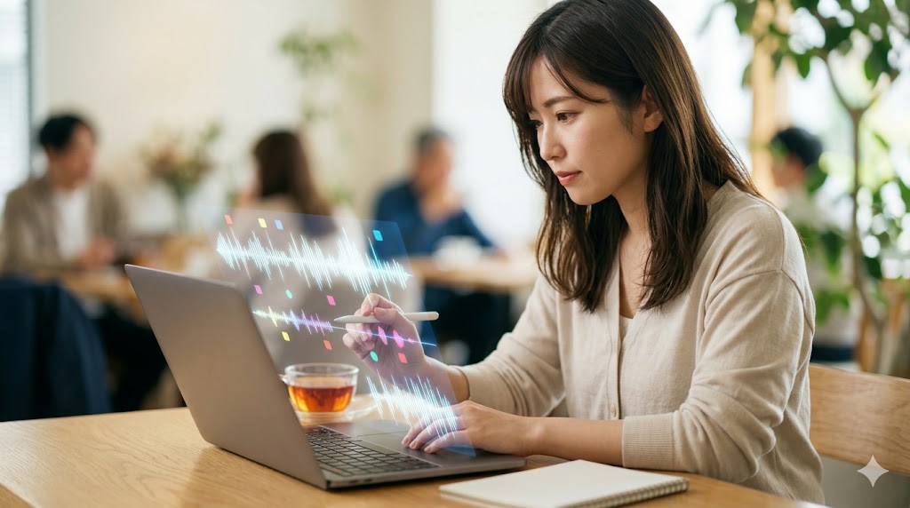カフェのような空間で、ノートPCの画面に表示された音声データを見ながら、丁寧に添削フィードバックを作成するアジア人女性コンサルタント。