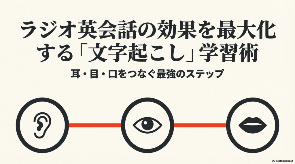 NHKラジオ英会話の効果を最大化する文字起こし学習術。耳・目・口をつなぎ音と文字を一致させる最短ルートの解説スライド。