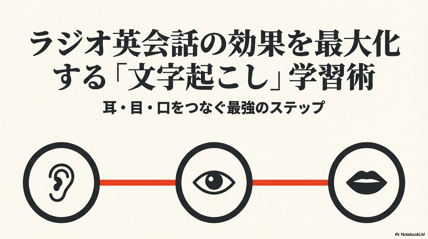 NHKラジオ英会話の効果を最大化する文字起こし学習術。耳・目・口をつなぎ音と文字を一致させる最短ルートの解説スライド。