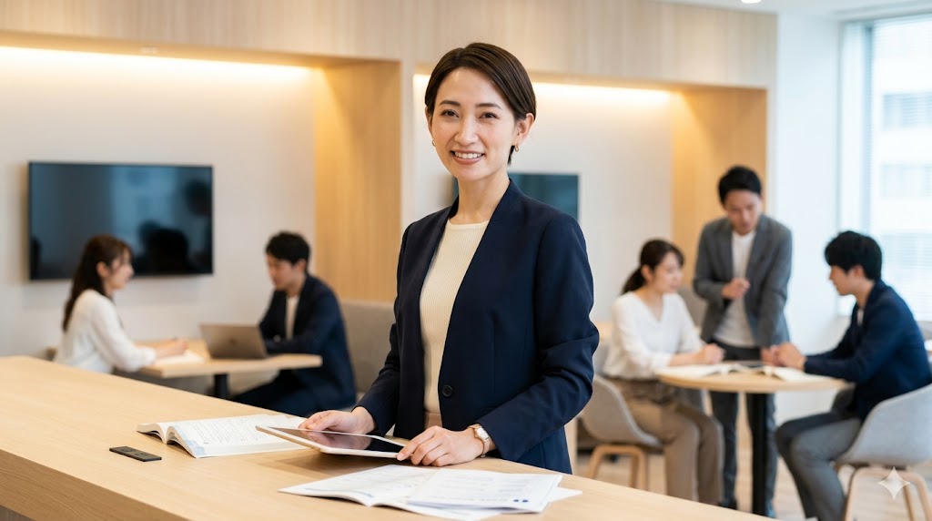 KEC外語学院で英会話学習を始める。自信を持って一歩踏み出す日本人女性のイメージ。背景には、質の高い指導環境と、共に学ぶ受講生の姿。