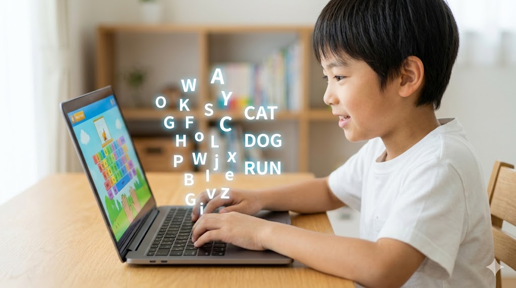 パソコンでタイピング英語を練習する日本人小学生の男の子。指先の動きと連動して英単語が脳に定着していくイメージ。