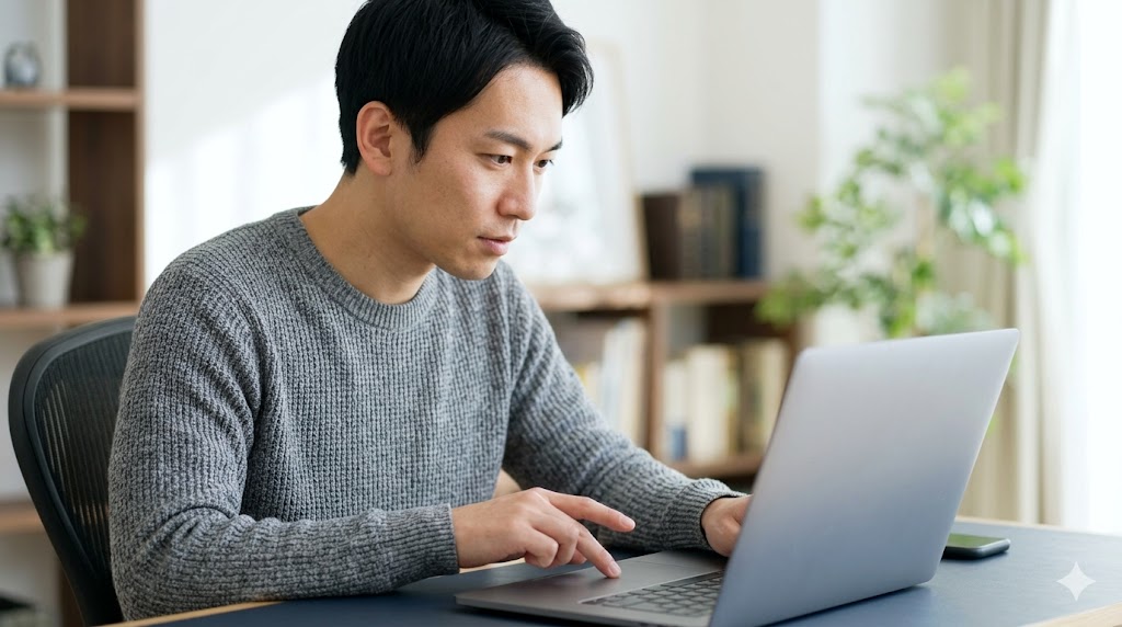 ネイティブキャンプのレッスン中に、ノートPCのタッチパッドを使ってブラウザの表示倍率を調整し、教材や講師の映像を見えやすくする日本人男性。