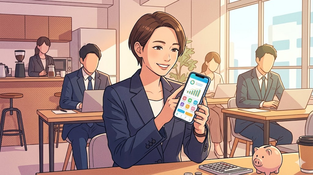 自宅のテーブルで、スマートフォンに表示された「12カ月プラン」のコスパの良さに満足する日本人女性のアニメイラスト。1年間の学習継続とスキルアップへの意欲を高めている。