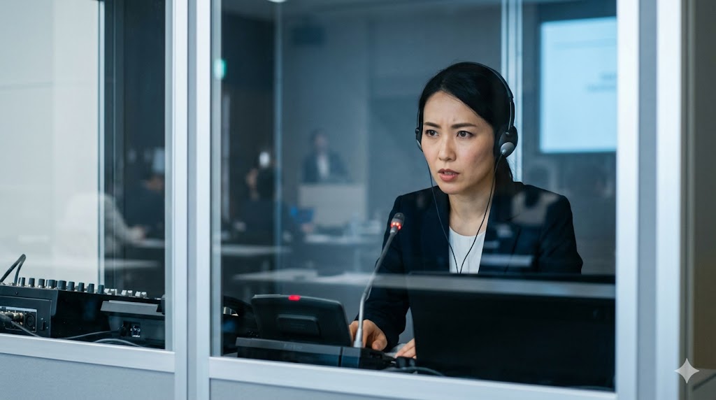 KEC外語学院の通訳養成コース。専用ブースでヘッドフォンを着用し、真剣な表情で同時通訳の訓練に励む日本人女性。