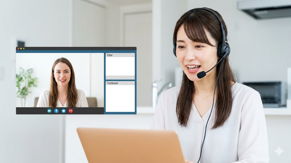 自宅でオンライン英会話のレッスンを受け、講師と笑顔で会話をする30代日本人女性。