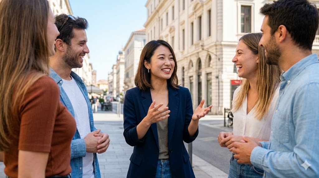 海外で自信を持って笑顔で外国人と英会話を楽しむ日本人女性。