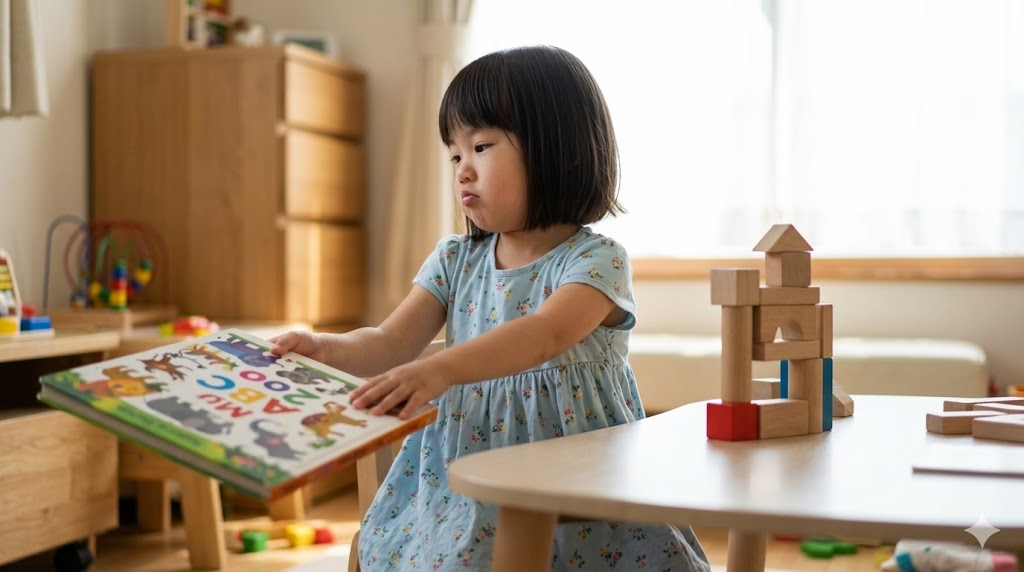 英会話教材の本を嫌そうに押しのけ、積み木で遊びたい意志を示す4歳の日本人女の子。自己主張と英語拒否の心理描写。