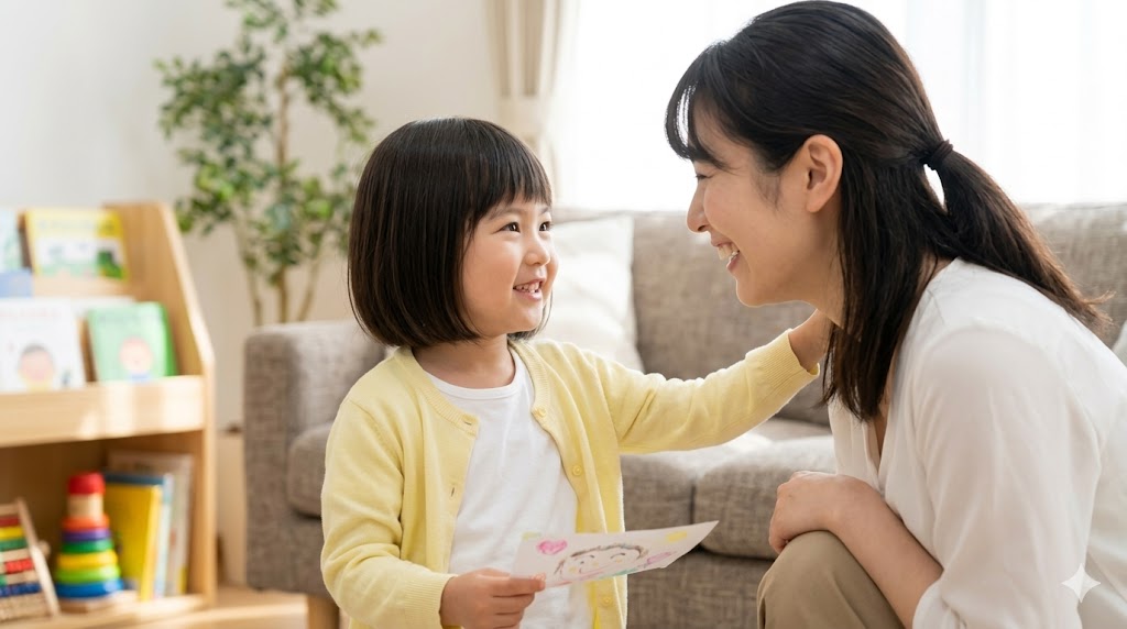 母親に見守られ、笑顔でリラックスして過ごす4歳の日本人女の子。英会話を嫌がる時期を経て、親子で笑顔を取り戻した安心感。
