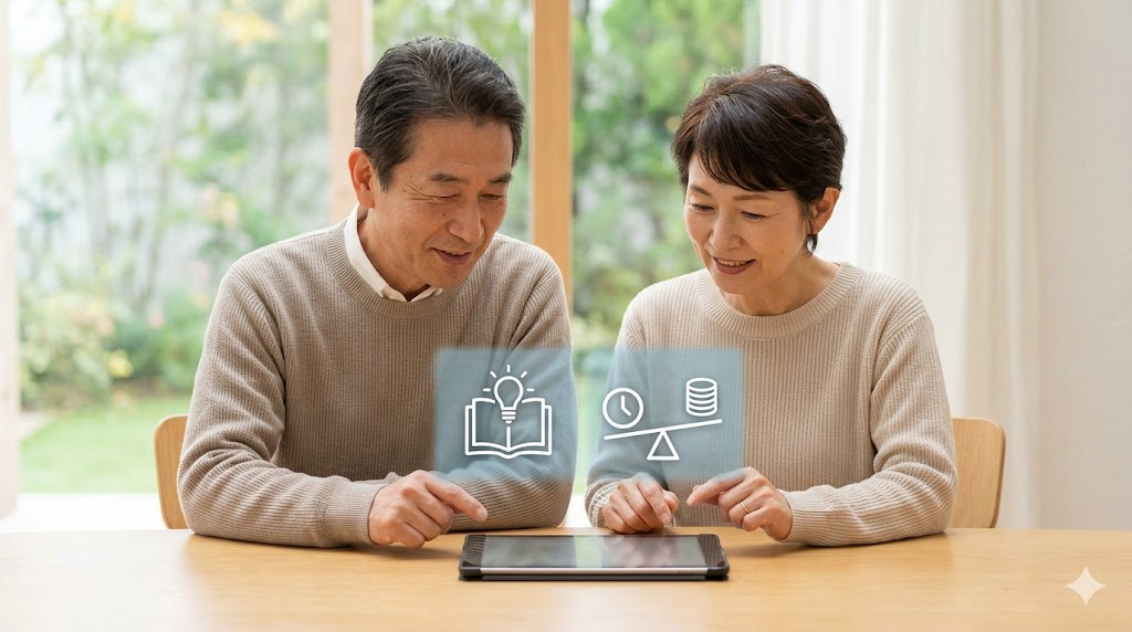 日本人の中高年夫婦が自宅でタブレットを見ながら、ラーニングハック英会話の費用対効果（コスパ）について納得し、投資価値があると判断して笑顔を見せている様子。