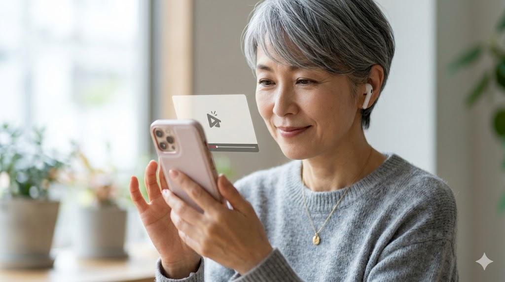 40代の日本人女性が、自宅のリビングでリラックスしながらスマホを使ってラーニングハックの講義を隙間時間に視聴し、無理なく英会話学習を習慣化させているライフスタイル。