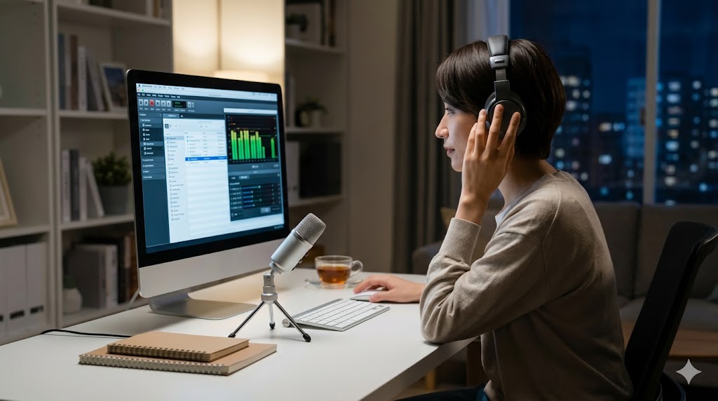 自宅のデスクでパソコンの録音ソフトを使用し、NHKラジオ英会話の音声を自分専用のアーカイブとして保存する日本人女性。