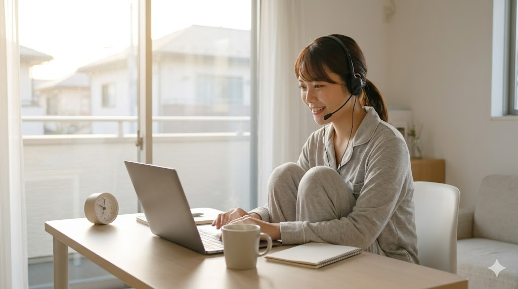 窓から朝日の差し込む明るい部屋で、ヘッドセットを付けてオンライン英会話レッスンを受ける日本人女性。デスクにはコーヒーとノート。集中できる早朝の時間を有効活用している様子。