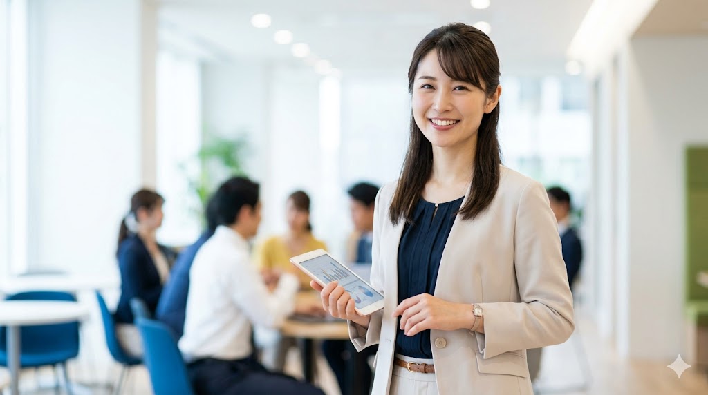 KEC外語学院の評判と、短期間で上達を目指す受講生のイメージ。笑顔の日本人女性が、やる気を持って学習に取り組む様子。
