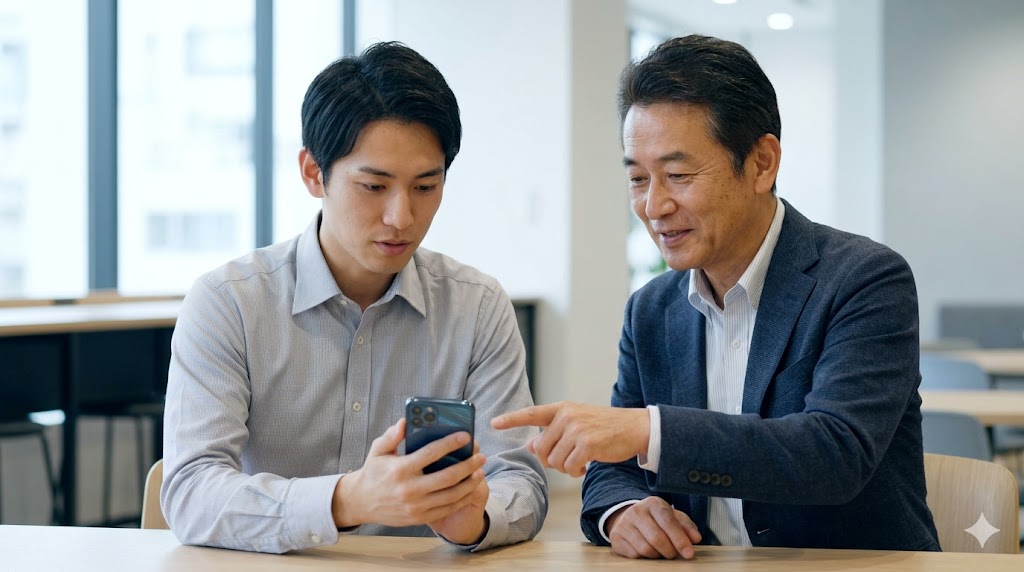 スマートフォンの学習データを見ながら、日本人専属コンサルタントから個別指導を受けるビジネスパーソン。AIと人間のハイブリッド指導のイメージ。