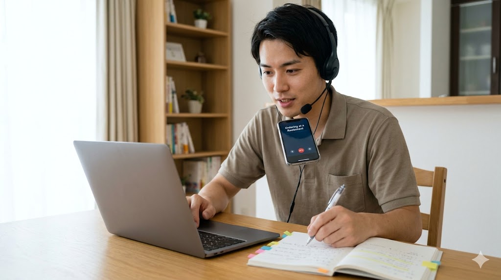 スマートフォンでAI英会話ルーラのシナリオ練習機能を使う日本人男性。初心者でも挫折しないよう、用意された場面設定に沿って基礎から学習できる。