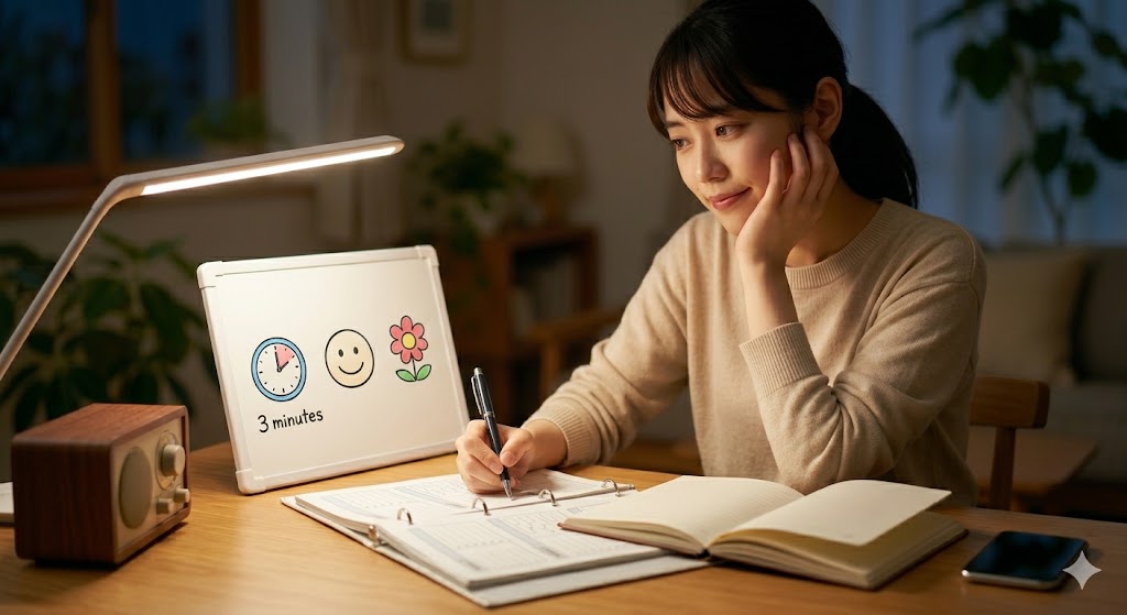 夜、自宅で英会話の学習をしている女性。ノートに学習した内容を記入している。