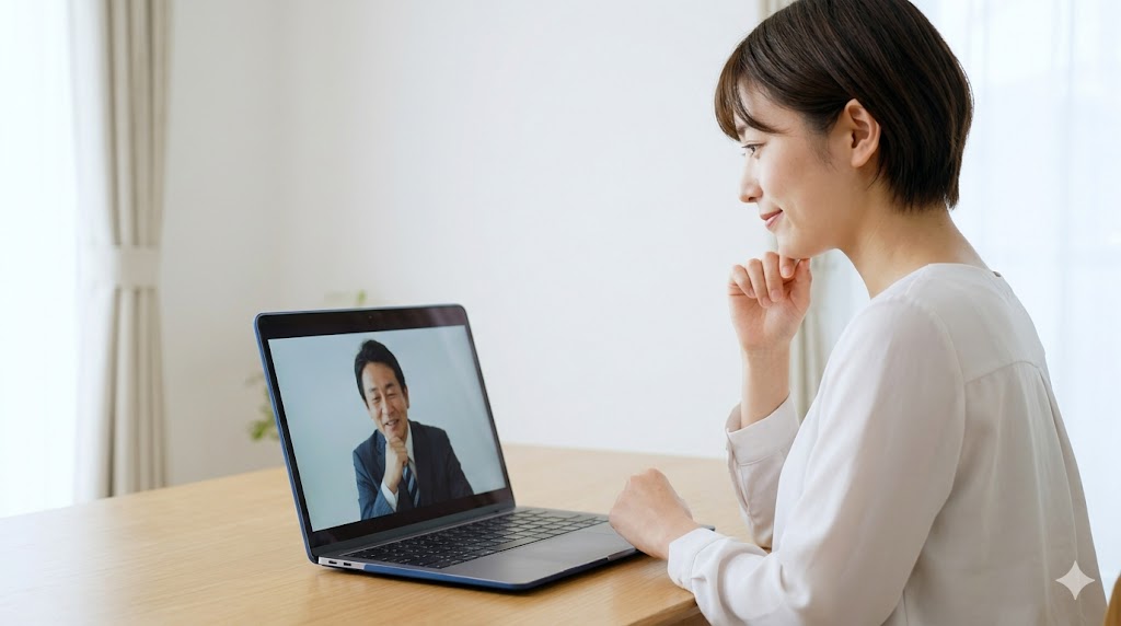 自宅のデスクから、ラップトップで日本人コンサルタントによる無料カウンセリングを受けるビジネスパーソン。英語力診断と学習指針の提案を受けるイメージ。