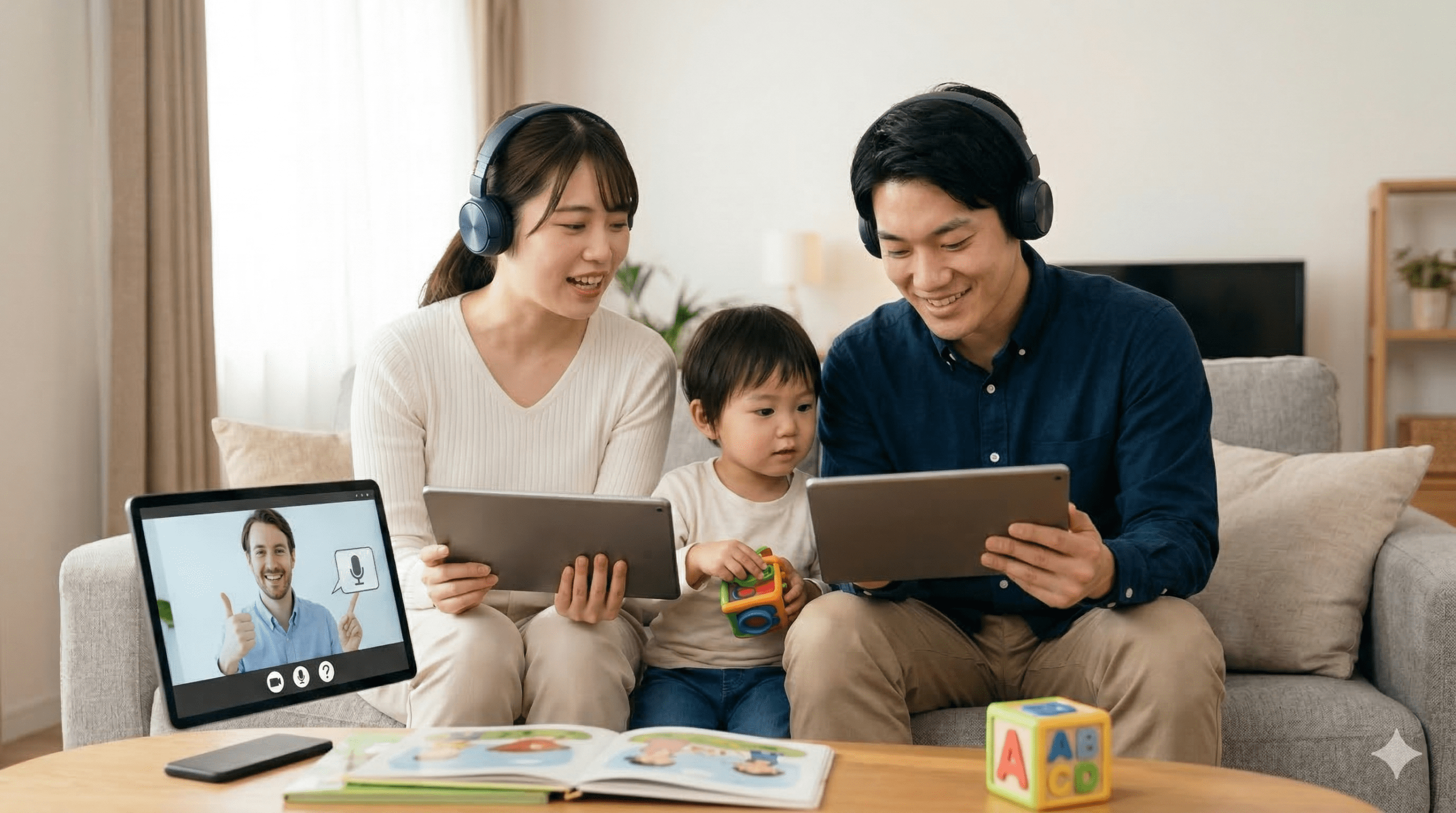 家族で楽しく学ぶ。ファミリープランでさらにお得に受講できるイメージ。