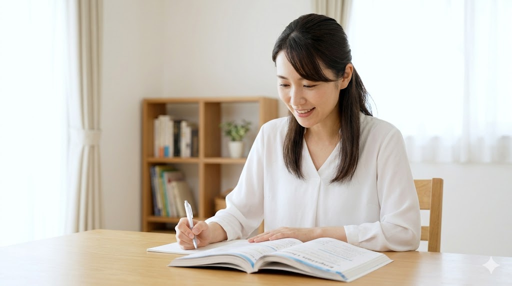 30代で英語を学び直し、自宅で集中してテキストに向かう日本人女性。