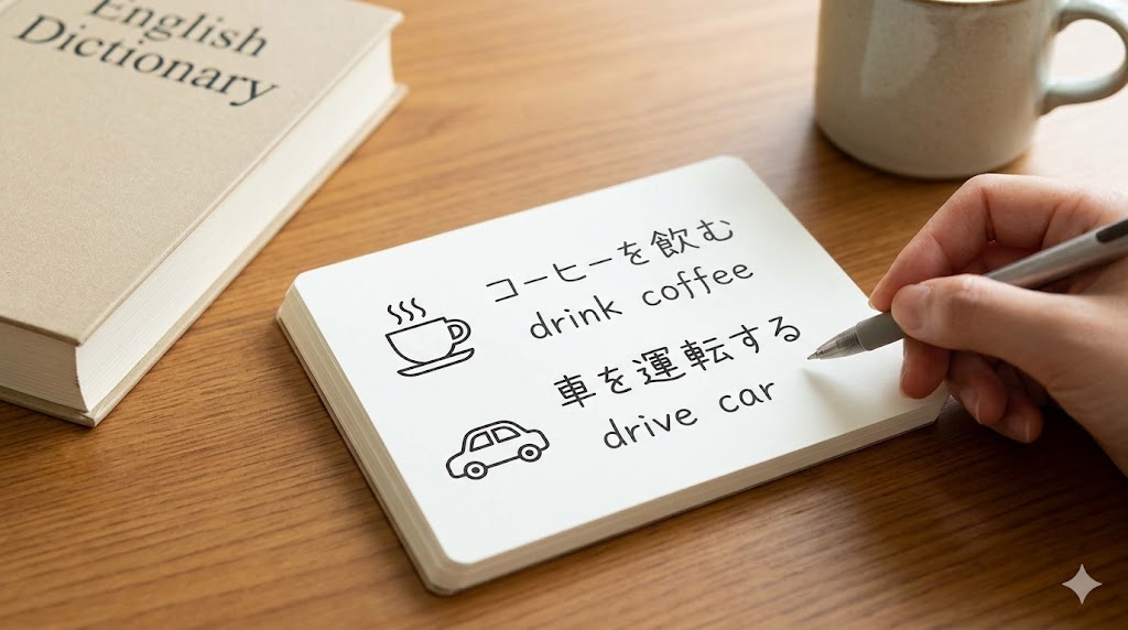 初心者が基礎的な英単語を「話せる」に変えるための学習ノート。日本語と英語、そして簡単なイラストでコアイメージを掴み、独り言でアウトプットする練習の様子。