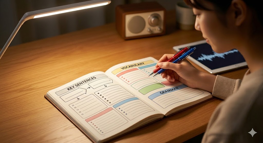 日本人女性が夜、集中してノートで英語学習をしているところ。