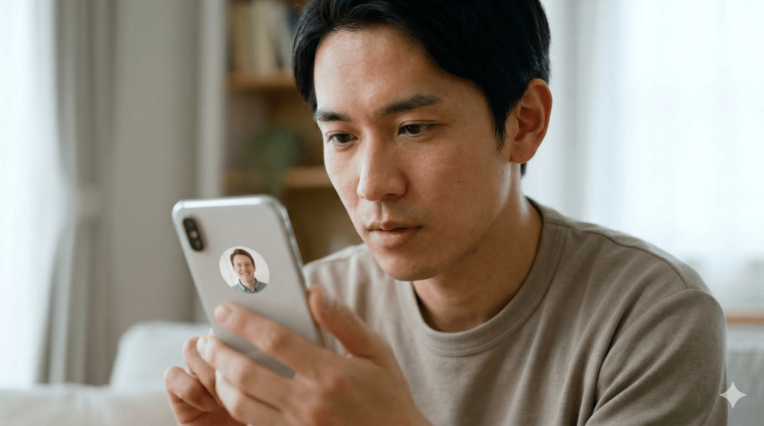 スマートフォンで英会話アプリ「スピークナウ」を真剣に操作する日本人男性。画面にはネイティブ講師のプロフィールが表示されている。