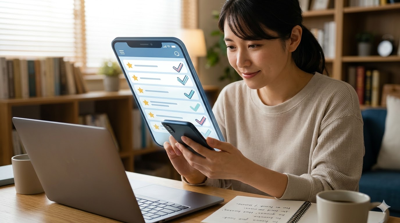 スマートフォンを手に、真剣な表情でアプリ内のフレーズを復習する日本人女性。画面には復習リストやスターマークが描かれている。デスクにはノートとPCが置かれ、学習意欲の高い様子を表現。