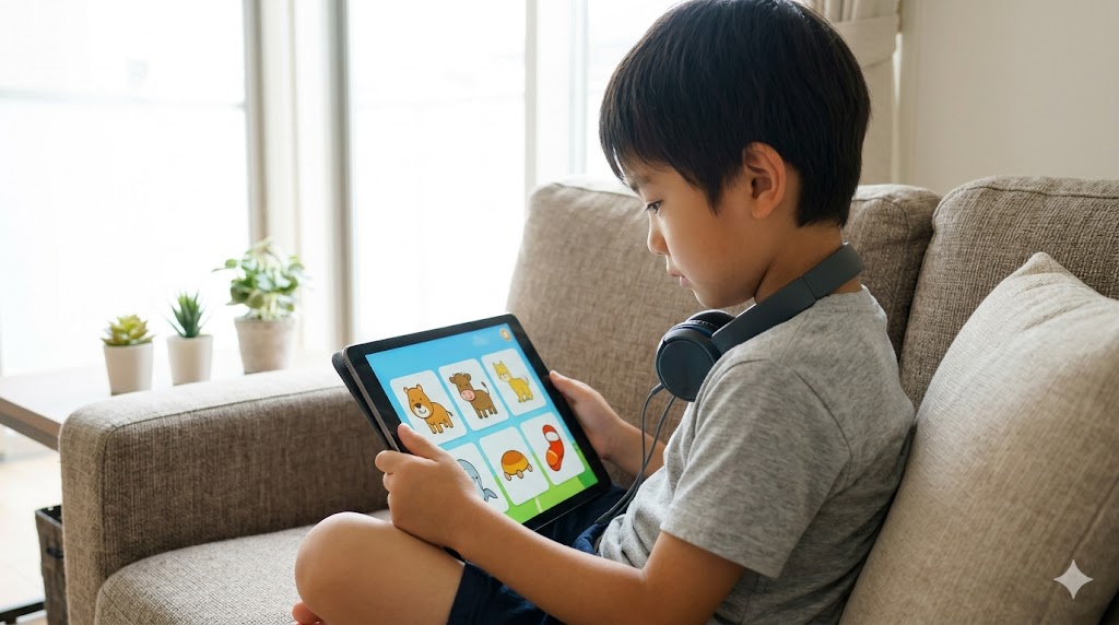 ソファに座り、iPadでグローバルクラウンの専用アプリを使ってイラスト単語カードで自習をする日本の子供。