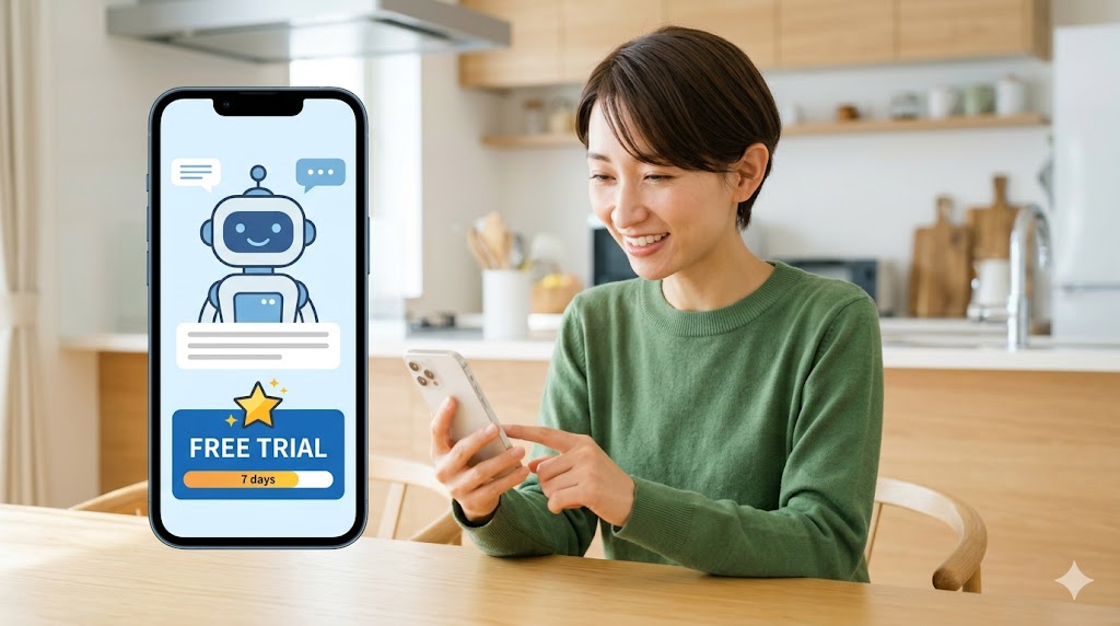 自宅のキッチンで、日本人女性が笑顔でスマホのAI英会話アプリの無料体験を使っている。画面には「無料体験」を強調するUIが表示され、気軽に始められる様子を伝えている。