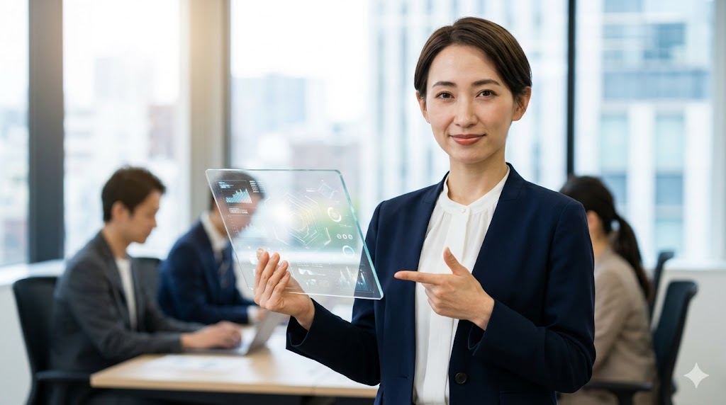 洗練されたオフィスで、データグラフが表示されたタブレットを使いながら、科学的な英語学習メソッドについて真剣に説明するアジア人女性コンサルタントの様子。