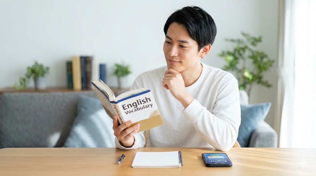 英会話用の教材選びに迷いながらも、自分に合った単語帳とアプリを見つけてやる気に満ちた表情の日本人男性。効率的な英語学習の始まりをイメージ。