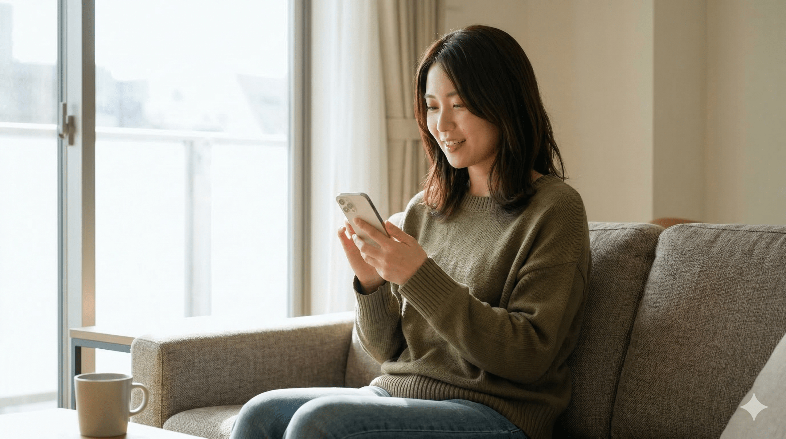 自宅のリビングで、スマートフォンを持ってAI英会話アプリ「Speak」で学習している日本人女性の様子。