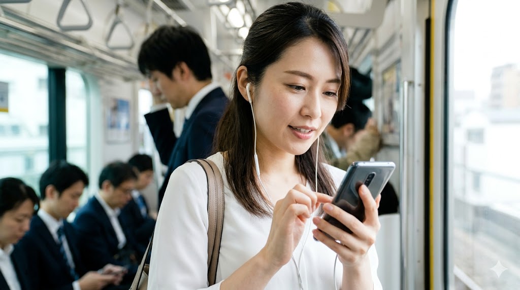 通勤電車の中で、スマホの英単語アプリを使って学習する日本人女性。スキマ時間を活用してネイティブの発音を聞きながら暗記している様子。