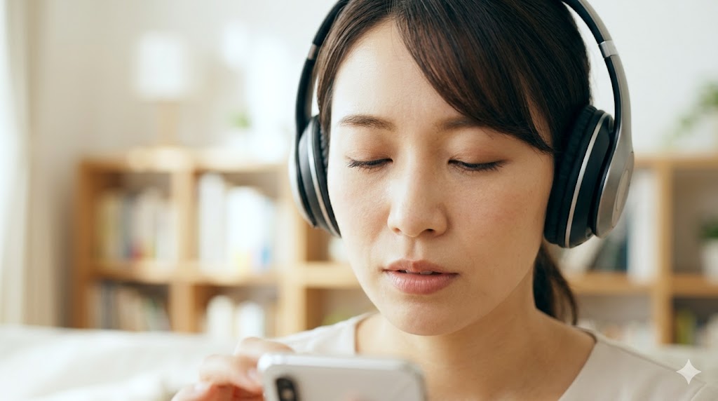 自宅のリビングでワイヤレスヘッドホンを着用し、集中して英語のシャドーイング練習をする日本人女性。語学プレーヤーアプリ活用。