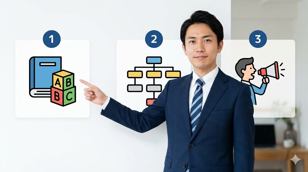 30代の英語学習者が、基礎、文法、発音という3つの明確な学習ステップを指し示している図解。