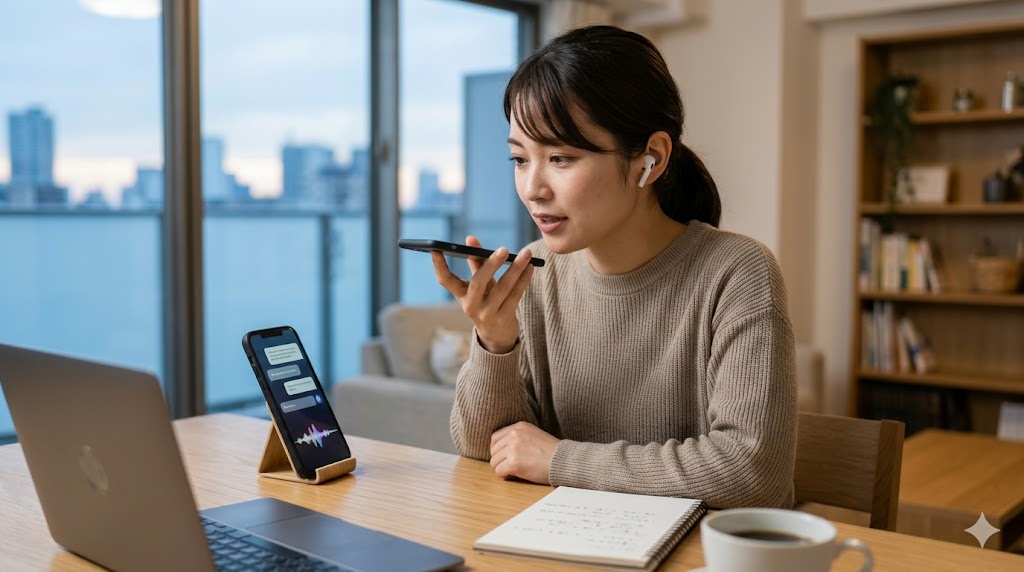 自宅でスマートフォンを使い、集中した表情でAI英会話アプリ「ルーラ」とリアルタイムで英会話練習をする日本人女性。