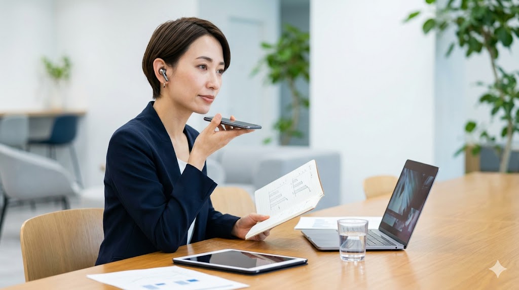 ビズメイツのランクアップテストに向け、自分の英会話を録音してセルフチェックする日本人女性。パーソナライズされた復習メソッドを実践し、合格を目指す勉強風景。