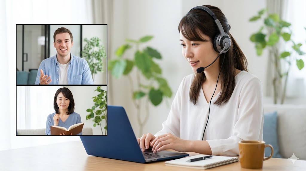 ネイティブ講師と日本人講師のそれぞれの強みを活かして学習を進める、日本人受講生のイメージ。