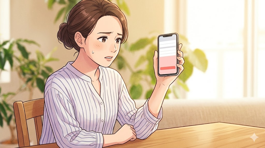 自宅のテーブルで、スマートフォンを使いAI英会話アプリ「スピークバディ」の解約手続きを進める日本人女性のアニメイラスト。少し戸惑った表情で、解約ボタンをタップしようとしている。