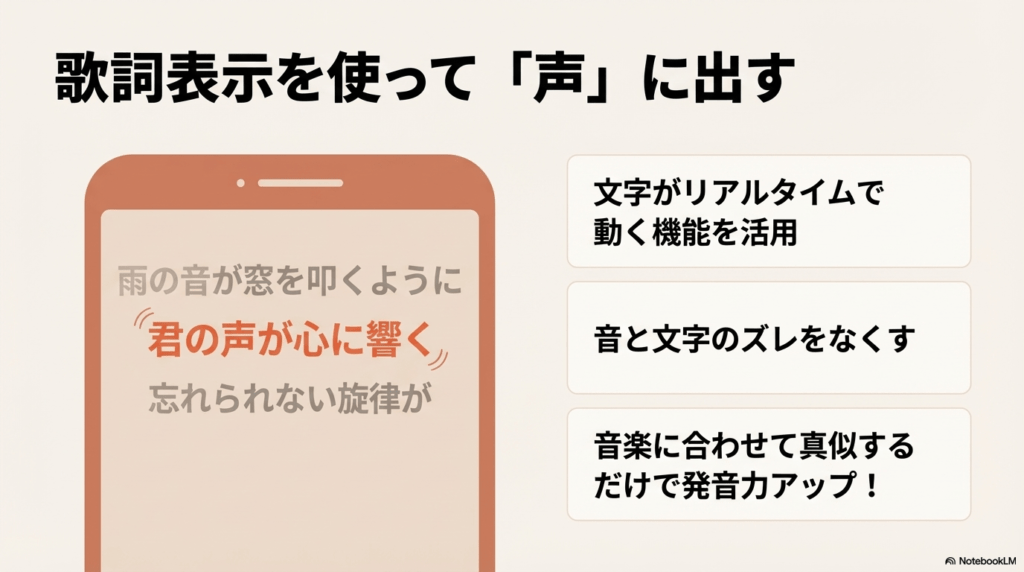 リアルタイムで動く歌詞表示機能を活用し、音と文字のズレをなくして発音を真似する学習法