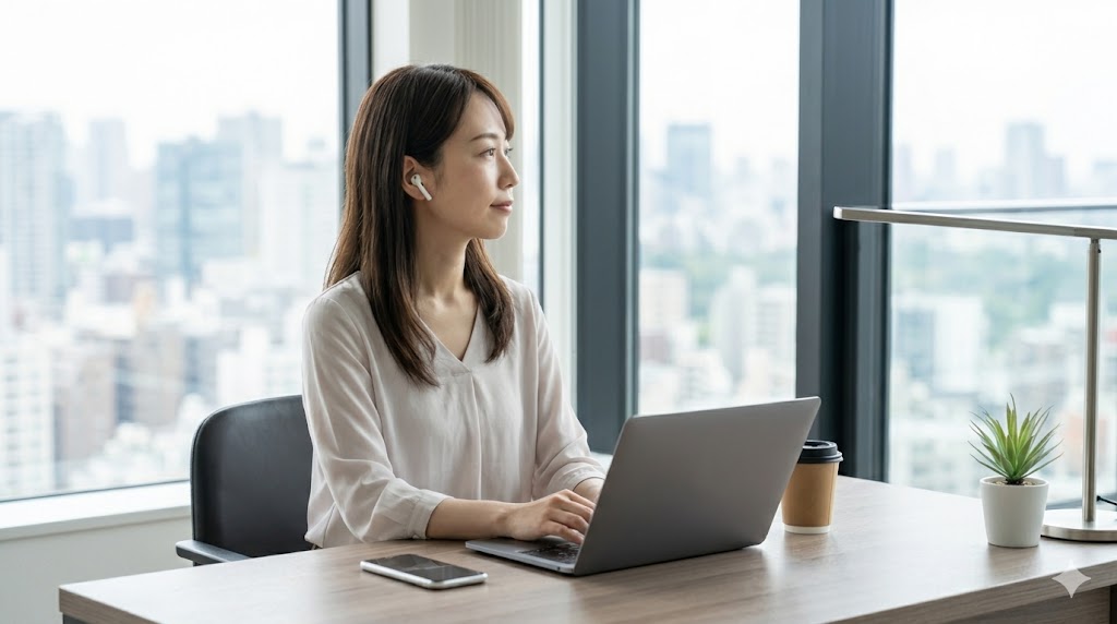 自然光が差し込むモダンなオフィスで、ノートパソコン、ワイヤレスイヤホン、コーヒーが置かれたデスクと、窓外に広がる都市の風景。