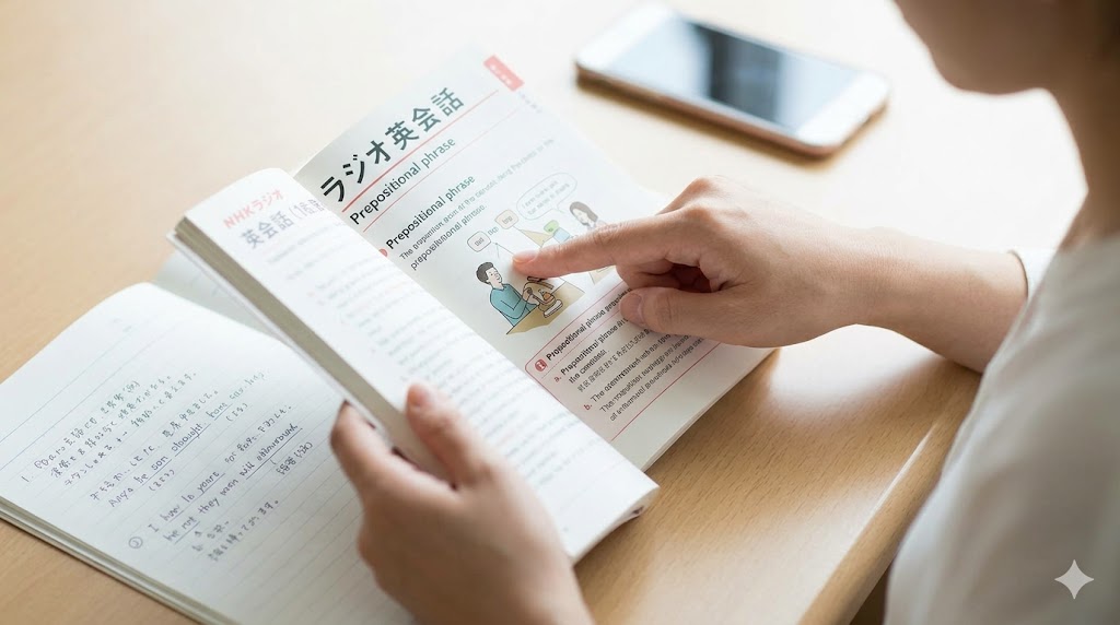 机の上でNHKラジオ英会話のテキストを開き、重要なポイントを指差しながらノートに書き込みをする日本人女性。スマートフォンも併用した効率的な学習スタイル。