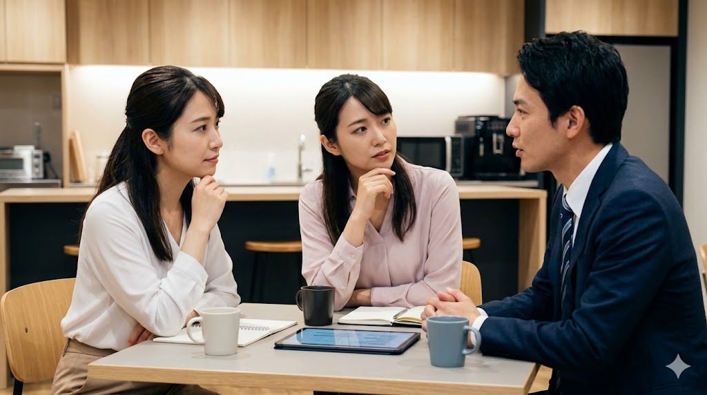 英会話の挫折体験について共有し、失敗の共通点を真剣に分析する日本人グループ。